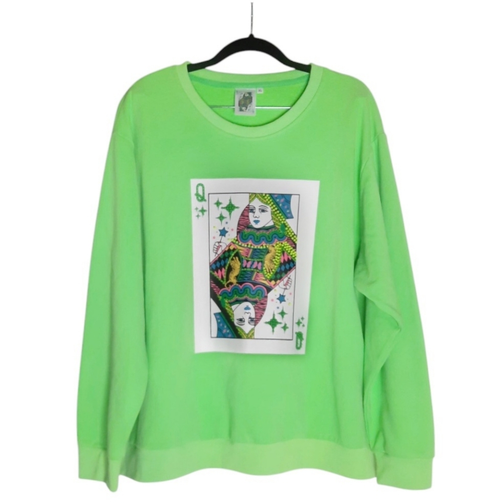 QUEEN OF SPARKLES Sweatshirt Beaded Queen Of Diamonds Card Logo Bright Green XL - Picture 10 of 11